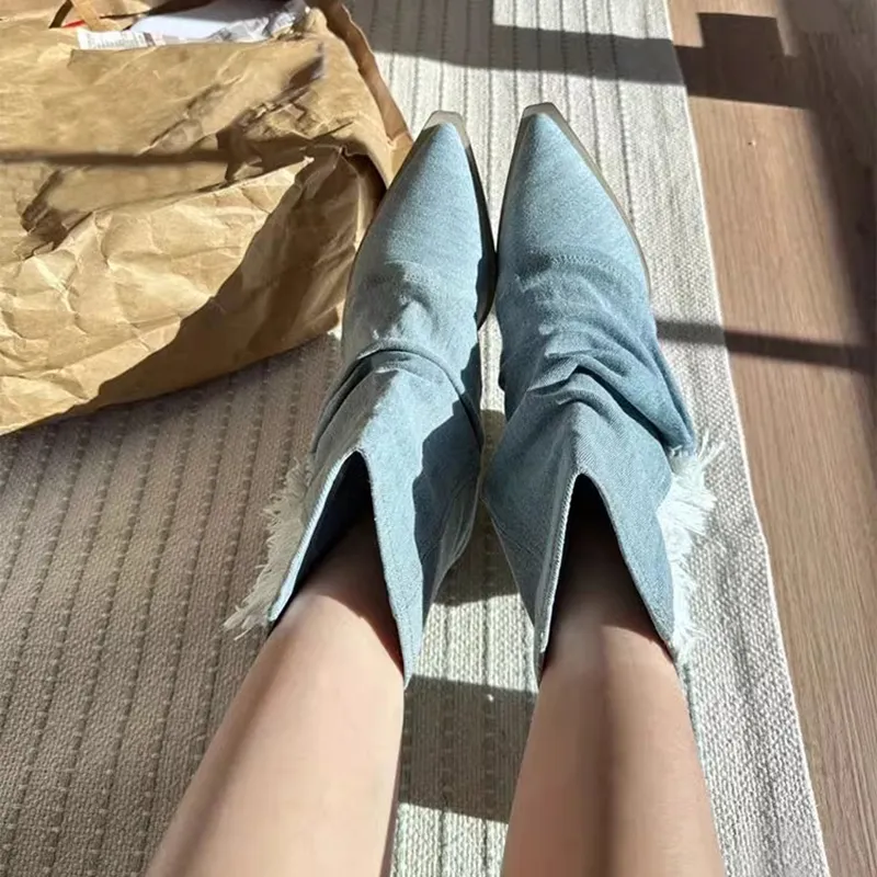 Pleats Blue Denim Thigh High For Women 2024 Spring Thick Heeled Pointed Toe Cowboy Womens Boots Slip On Western Long Boots