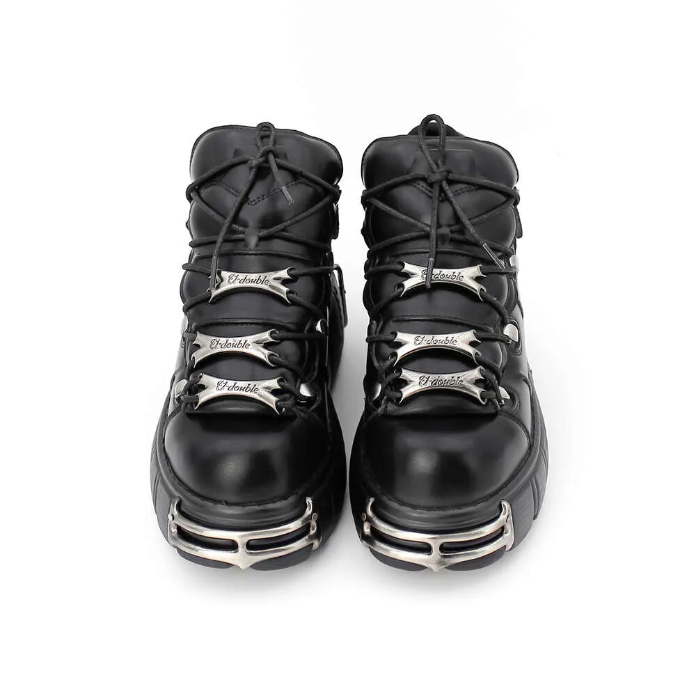 NEW Punk Style Mens Shoes Women Lace-Up Heel Height 6Cm Platform Shoes Gothic Ankle Rock Boots Metal Decor Woman Sneakers