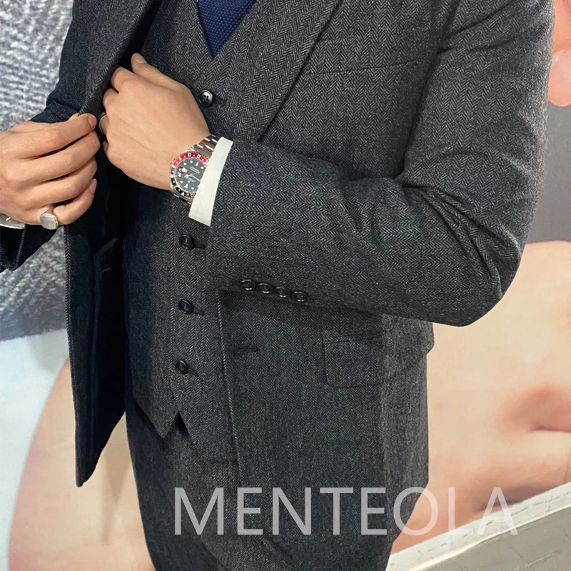 Wool Herringbone Men Suits for Winter Notched Lapel 3 Piece Wedding Groom Tuxedo Business Gray Male Fashion Jacket Vest Pants