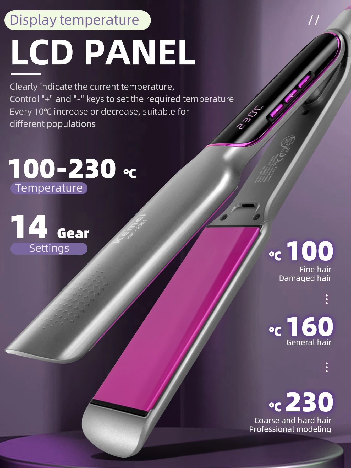 KEMEI professional straightener with LCD display screen flat iron negative ion infrared straightener womens iron hair care 241018