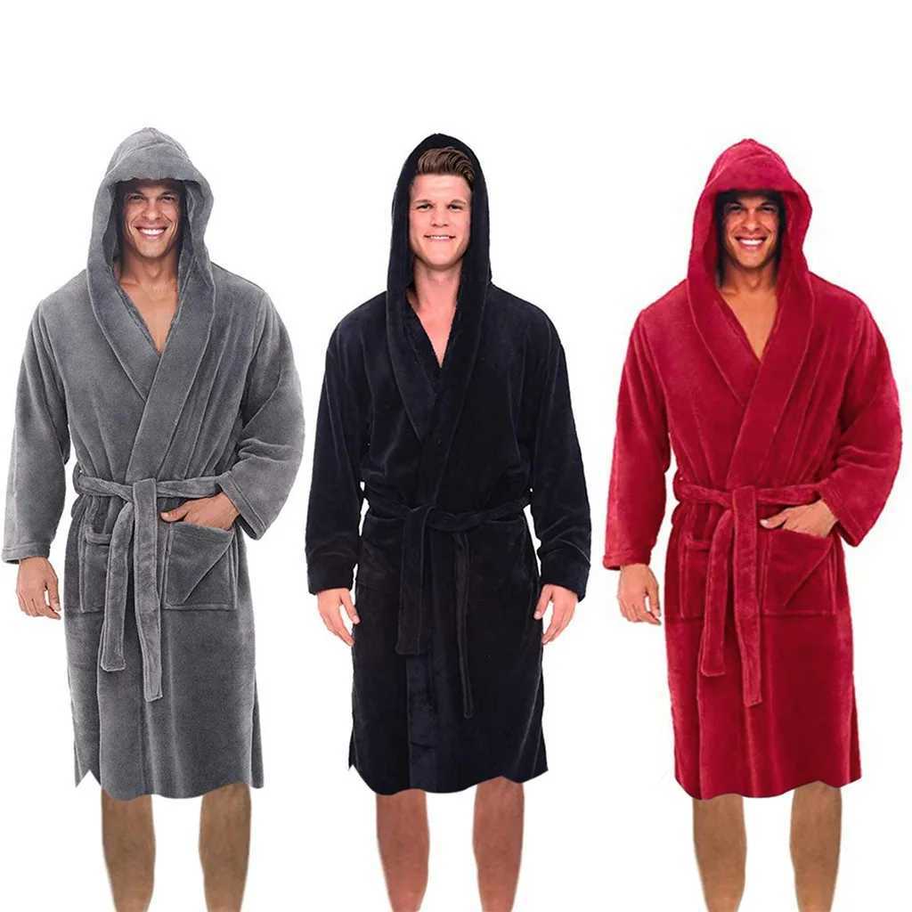 Men Casual Bathrobe 2021 Autumn Winter Solid Hooded Bathrobe Towel Soft Gown Midi Robe Nightgown Male Loose Home WearXJ241018