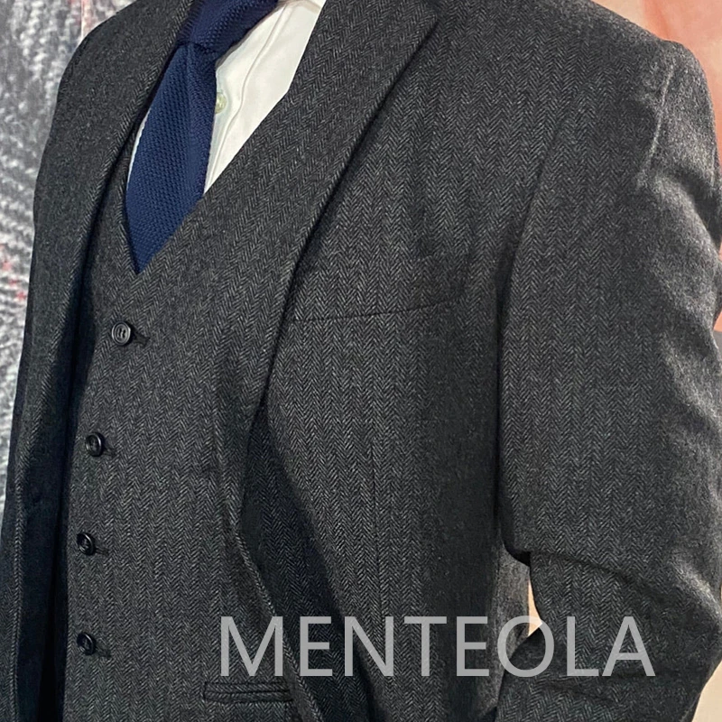 Wool Herringbone Men Suits for Winter Notched Lapel 3 Piece Wedding Groom Tuxedo Business Gray Male Fashion Jacket Vest Pants