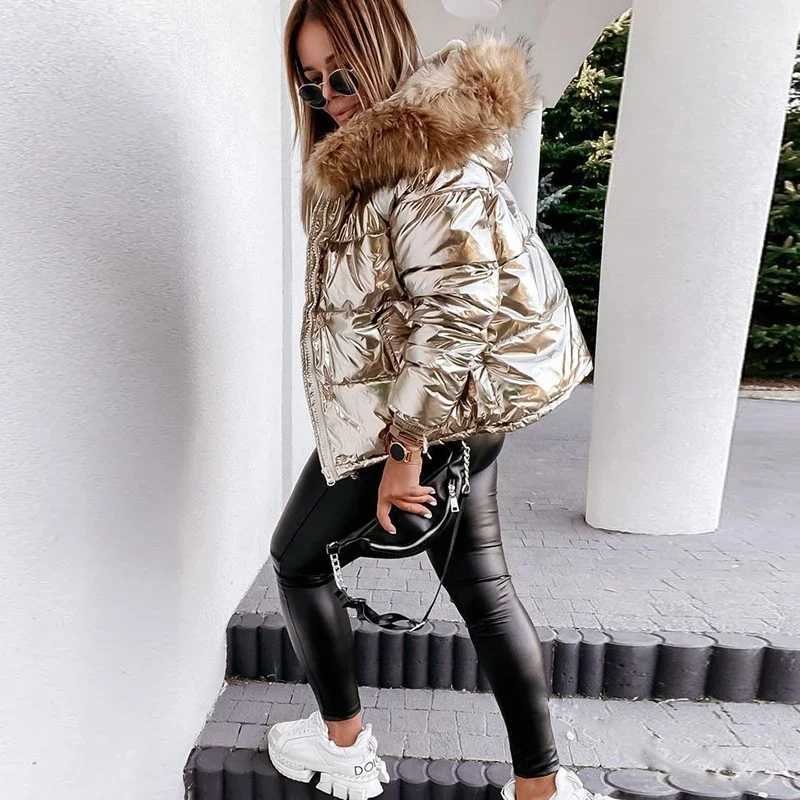 Women's Down Parkas Womens solid shiny PU jacket 2023 winter fashion big fur collar hooded cotton coat womens casual thick warm zipper park Y2410