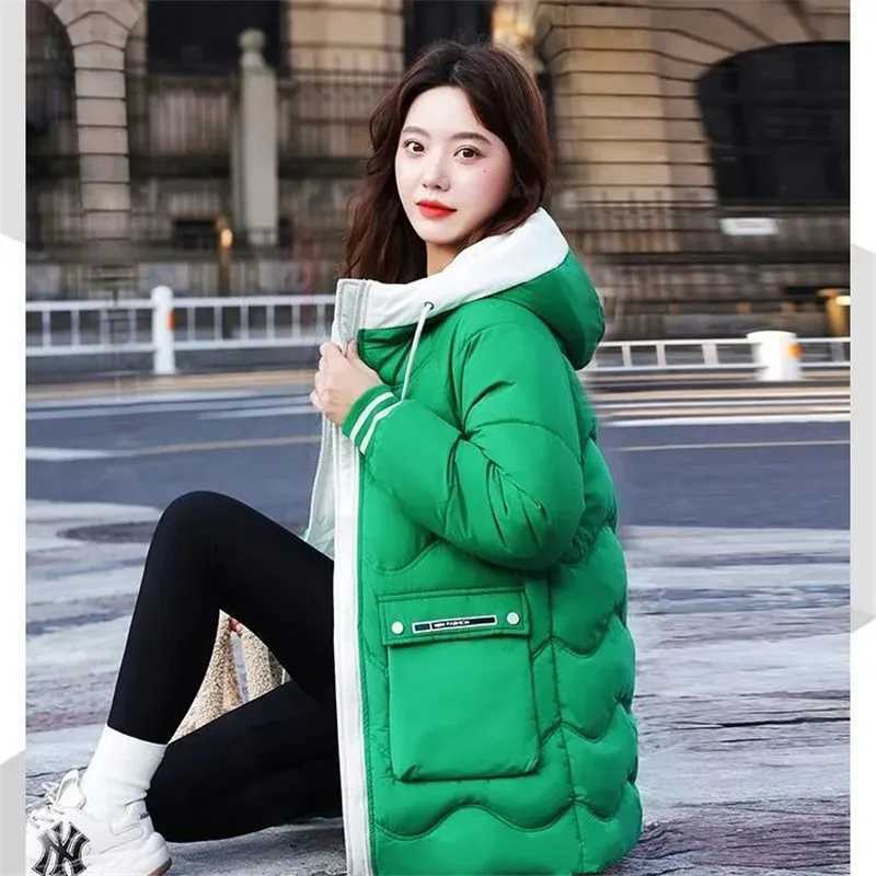 Winter Thicken Coat 2023 New Korean Female Splicing Loose Down Cotton Hooded Jacket Warm Long Parkas Casual Womens Basic CoatsX241019