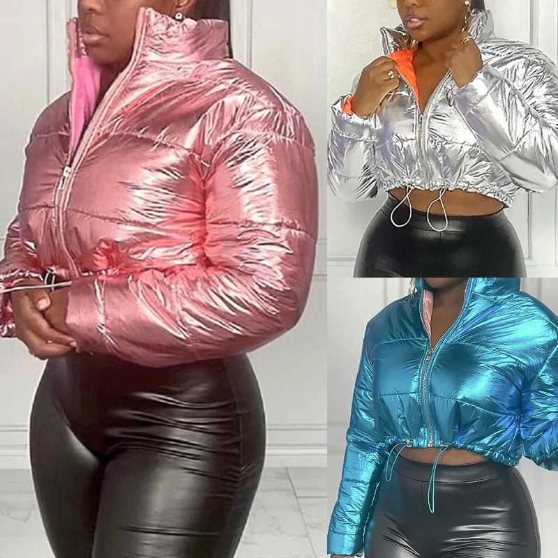 Women's Down Parkas Womens shiny mirror synthetic leather lining used for jackets long Slip Up stand up collars cut lining outerwear drawstring h