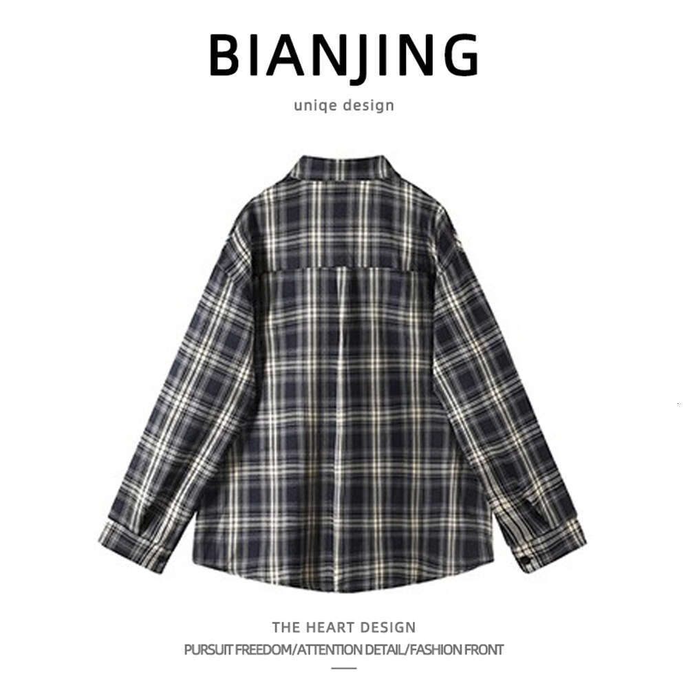 shanshi Men's shirts American plaid long sleeved shirt women in spring autumn with a niche design sense Loose and casual shirt handsome jacket fo