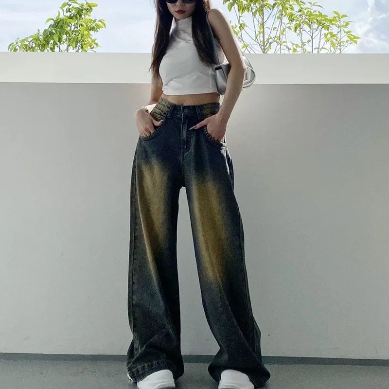Autumn Winter Fleece Jean Vintage Baggy High Waist Straight Denim Pants Female Streetwear Gradient Old Y2K Trousers 241007