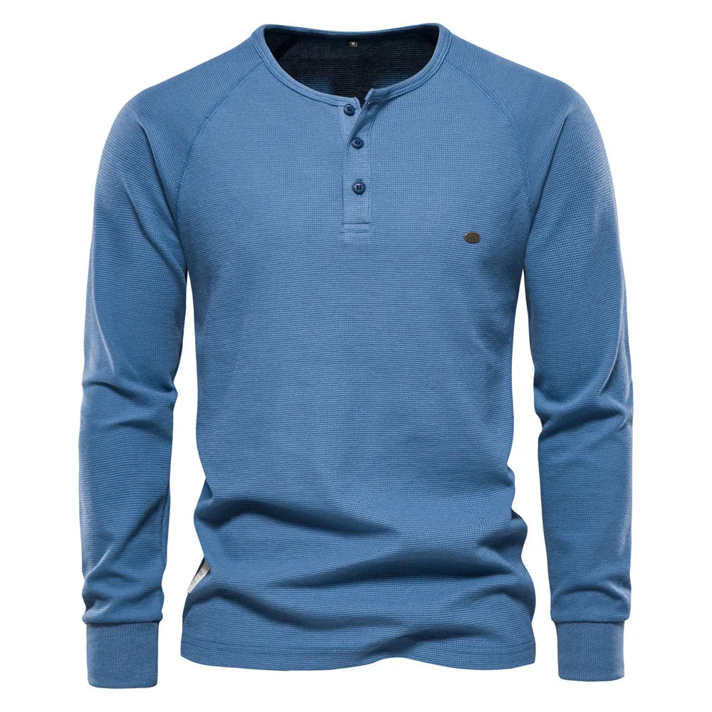 Long Sleeve Mens Waffle Henley Collar Mens Top T-shirt Solid Color Floral Mens T-shirt 241018