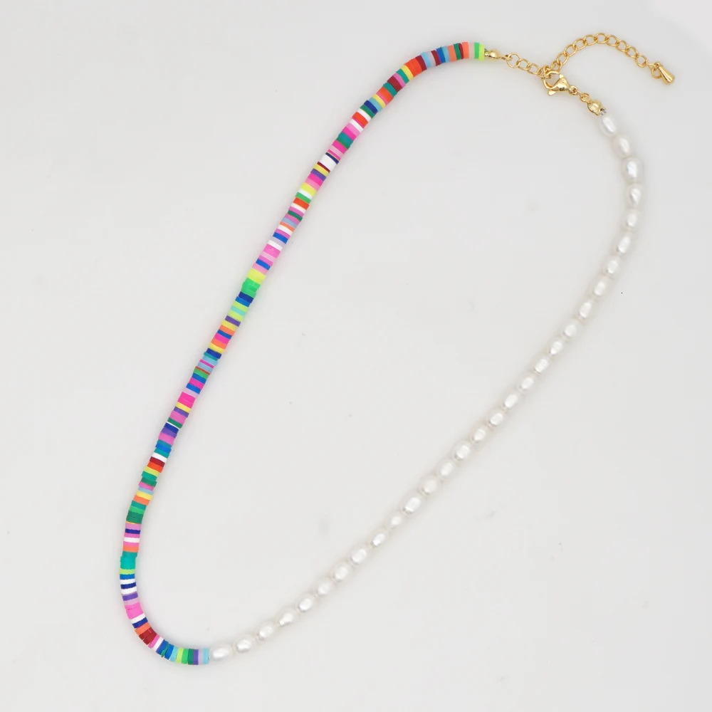 Go2Boho Freshwater Pearl Necklace Womens Jewelry Polymer Clay Flat Stone 4mm Beads Fashion Handmade Choking Stainless Steel Chain 241018