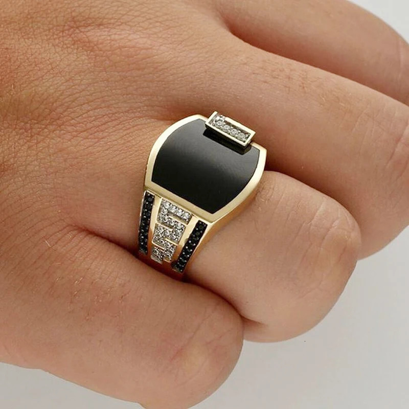 Mens Ring Business Black Plate Crystal Side Setting Male Vintage Punk Inlay Finger Golden Color Jewelry 241010