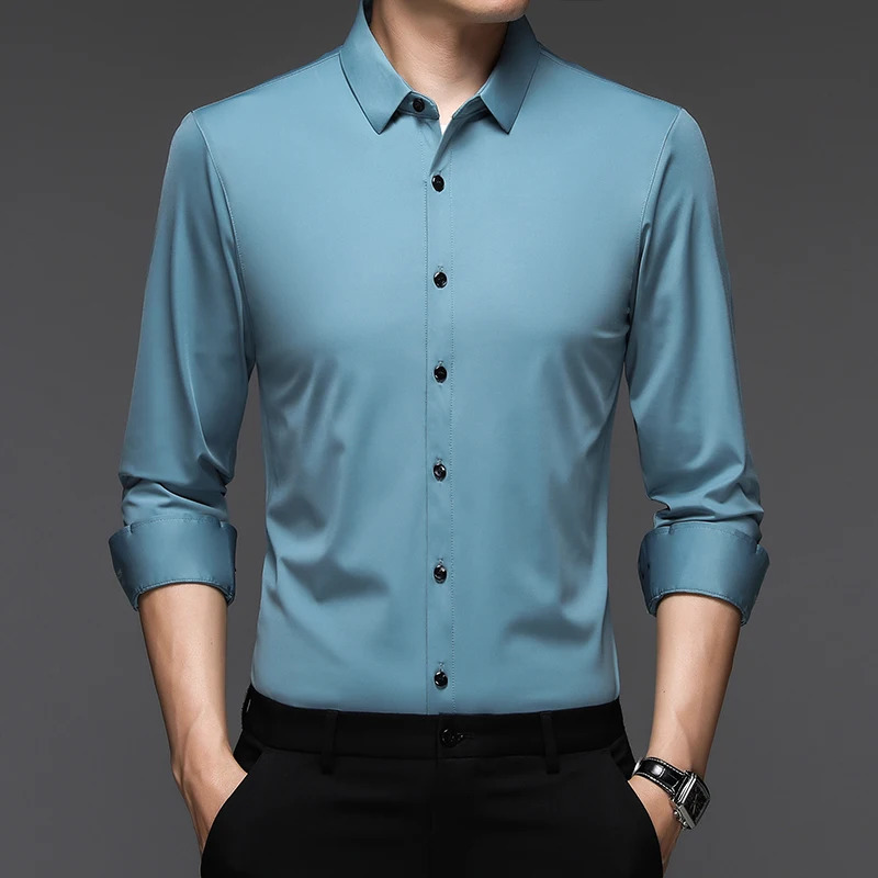 Classic mens high elasticity intelligent casual long sleeved mens trackless technology formal shirt 241007