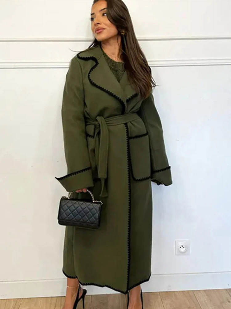 Vintage Striped Long Coat Women Elegant Belts Turndown Collar Pocket Coats 2024 Autumn Winter Chic Sleeve Female Outwear 241010