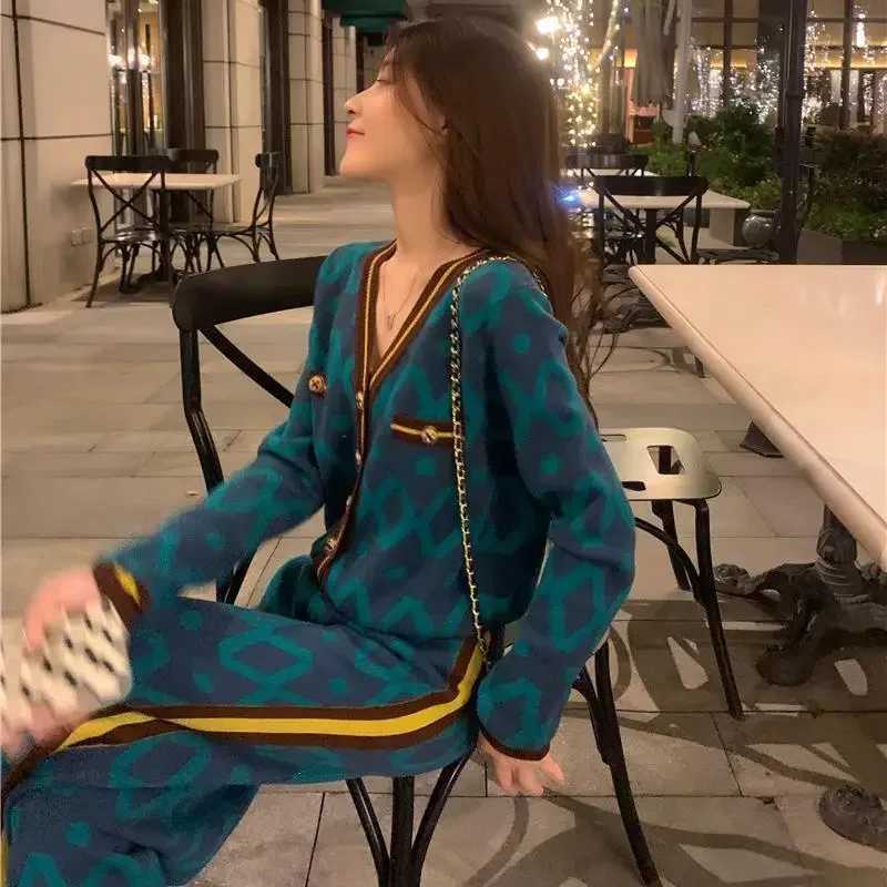 Women's Two Piece Pants Womens Trouser Knitted Printed Crochet Spring and Autumn Womens Pants Two Piece Set Sweater Wide Leg Party New Competitio
