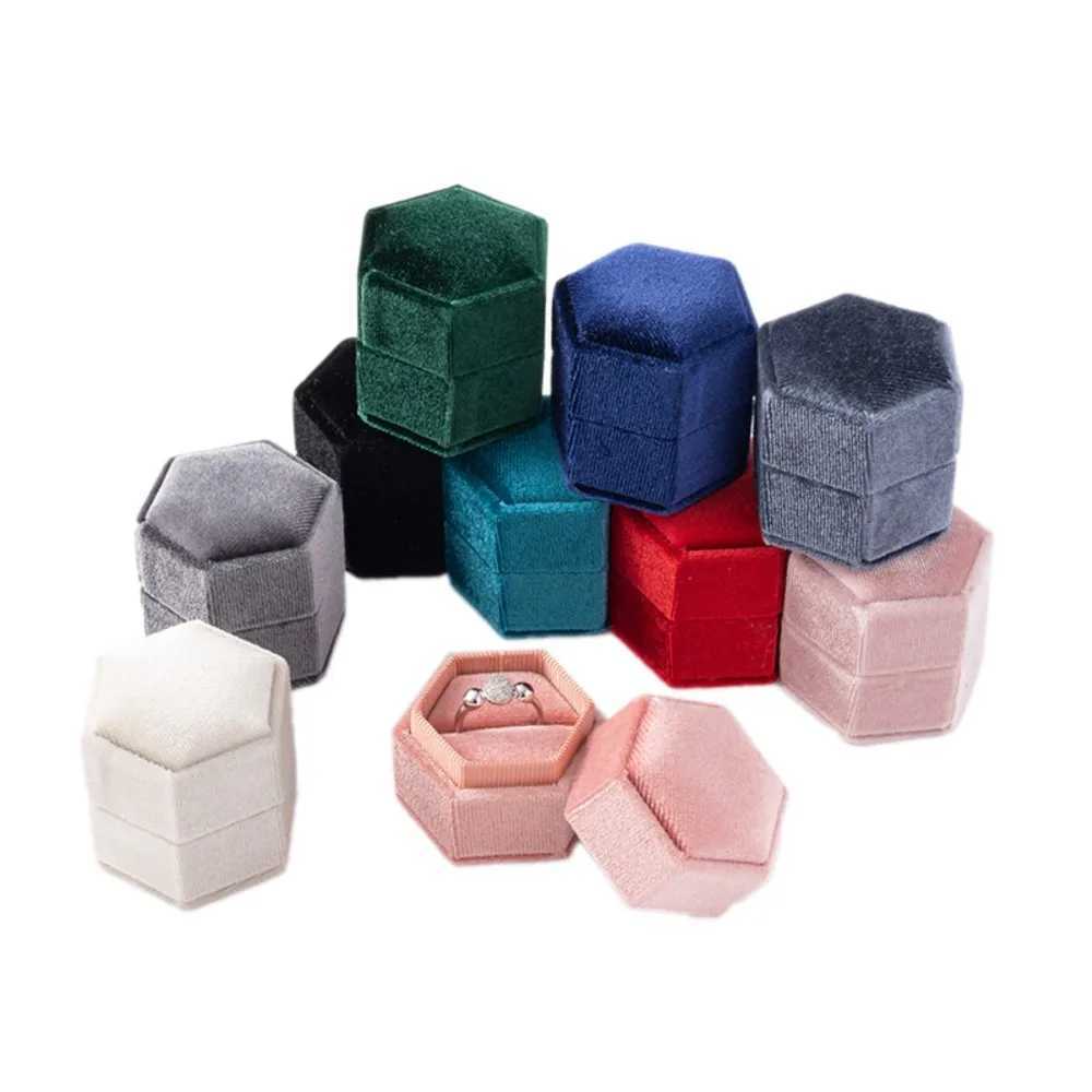 Hexagonal velvet jewelry ring box used for display storage organizer earrings wedding rings gift packaging with detachable lid box W241019