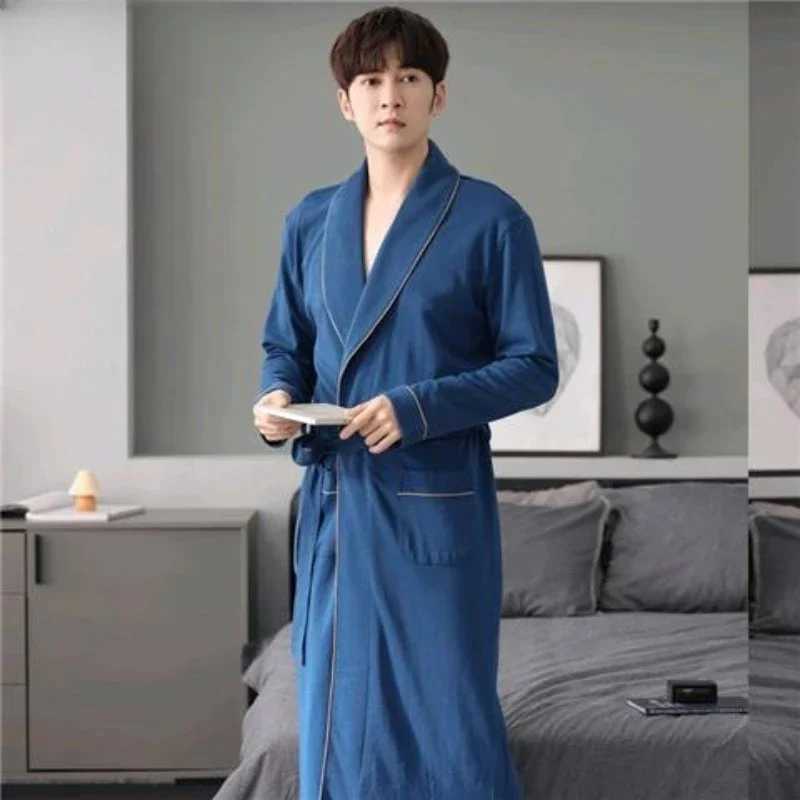 Pure Cotton Long Sleeve Kimono Bathrobe Large Size One-piece Pajamas All Cotton Bathrobe Night Gown Gentleman Spring and AutumnXJ241018