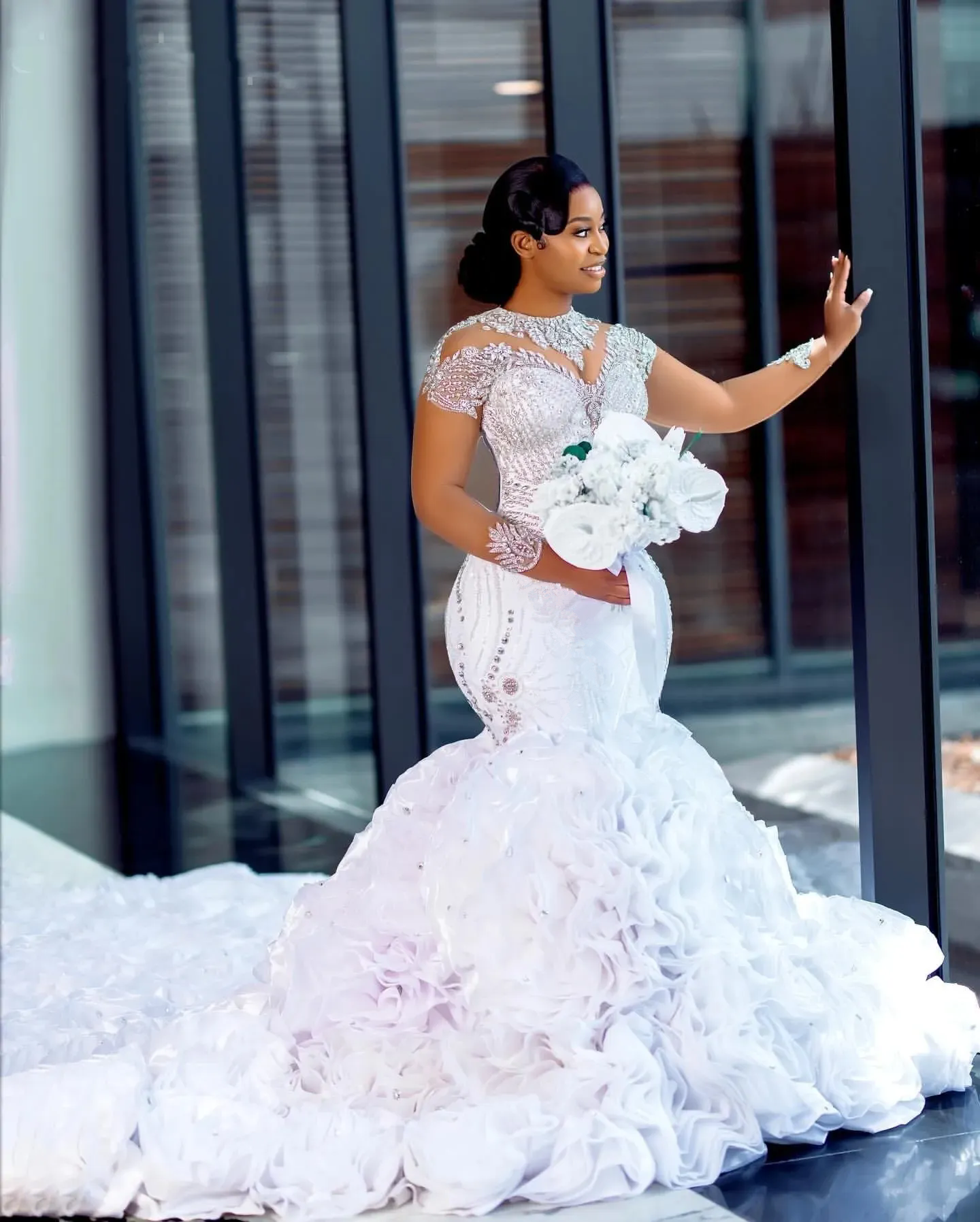 Arabic Aso Ebi Plus Size Lace Luxurious Mermaid Wedding Dress Flowers Crystals Tiers Satin Bridal Gowns Dresses Robe de mariee