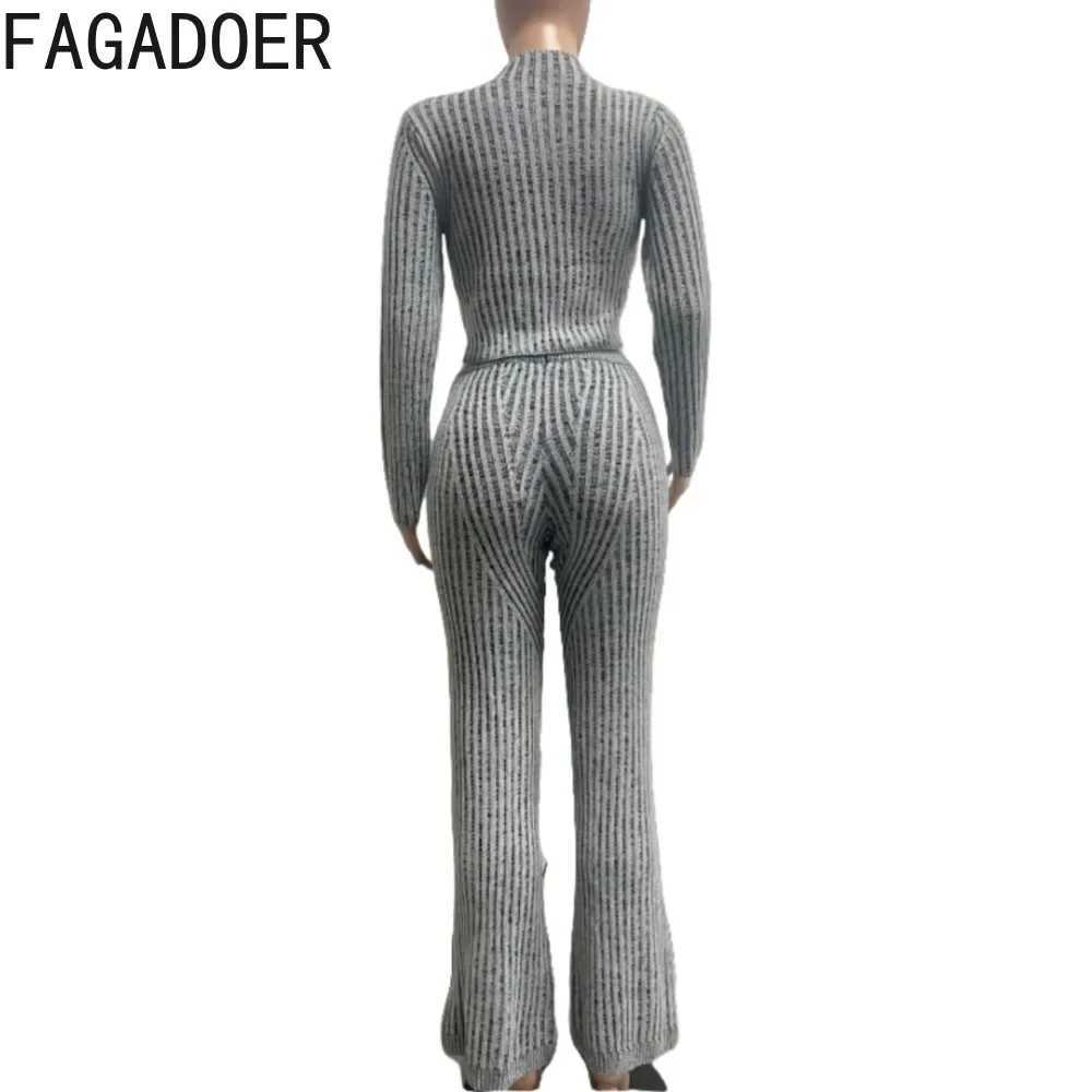 Women's Two Piece Pants FAGADOER autumn new knitted casual 2-piece set womens solid zipper ultra-thin crop top and Flare pants set womens clothin