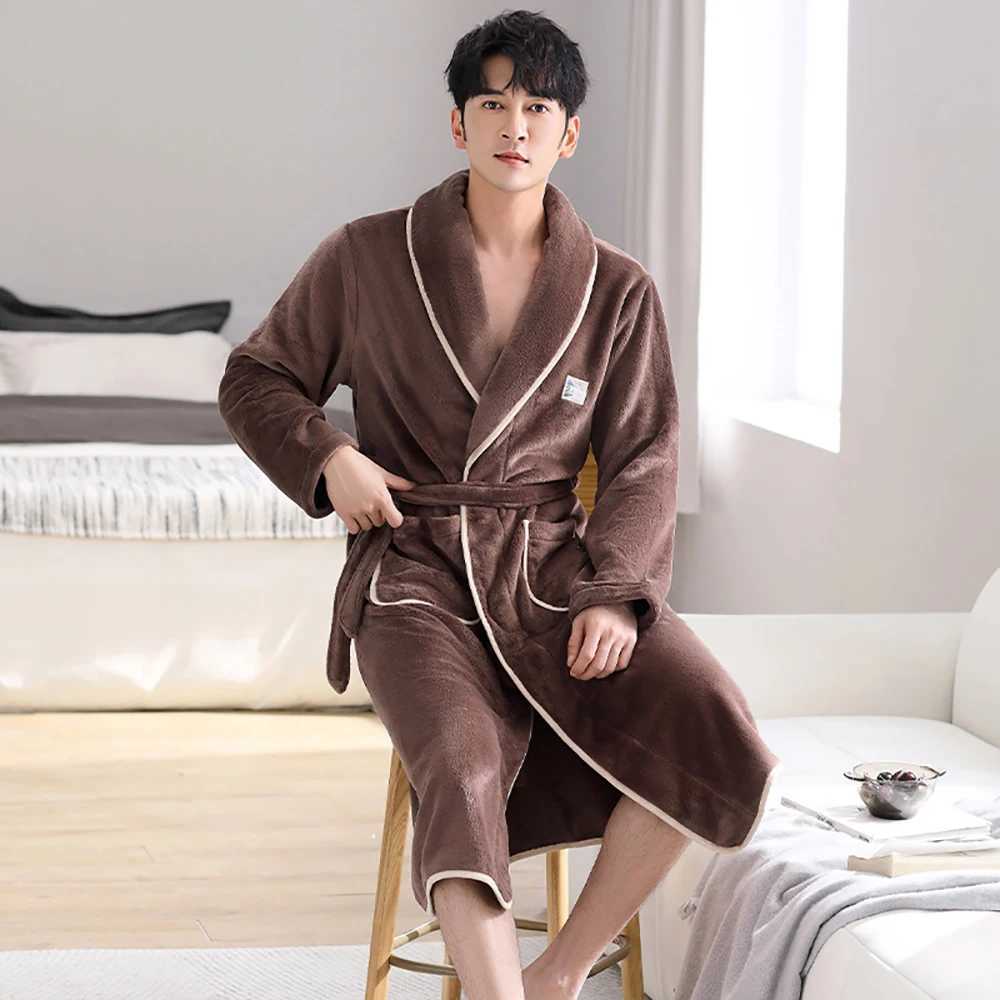 Antistatic Antibacterial Mens Bathrobe Winter Thicken Plus Plush Flannel Warm Shower Robe Loose Soft Solid Bath Robe With BeltXJ241018