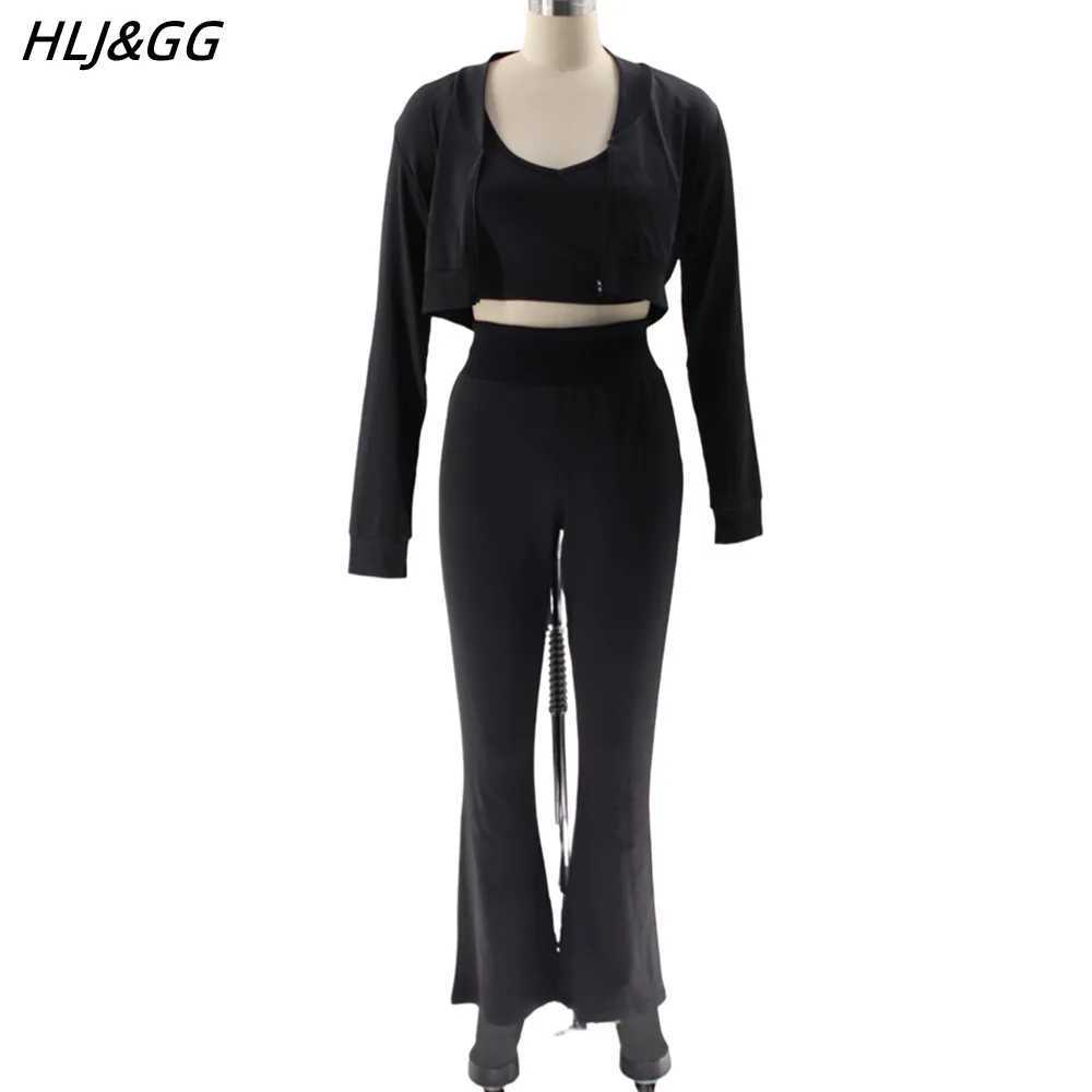 Women's Two Piece Pants HLJ GG Fashion Solid Tight 3-Piece Set Womens Low Cut Tank Top+Long Sleve Coat+Pants Set Casual Womens Sportswear Y241019
