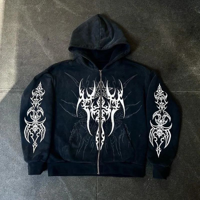 Vintage Holy Sword Graphic Acid Washed Oversized Zip Up Hoodie Men Y2K Autumn Casual Oversize Sweatshirt Streetwear Women Tops 241019