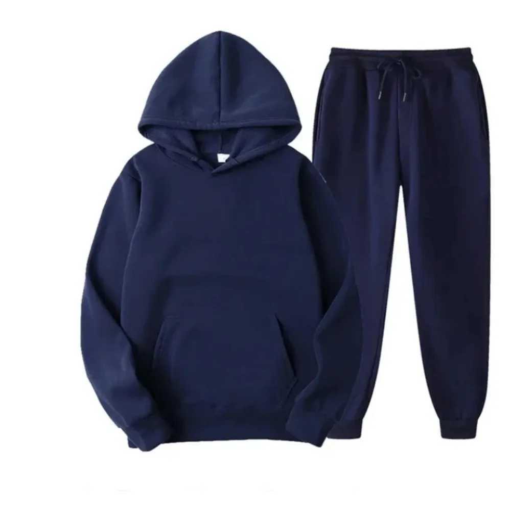 New mens track and field uniform hooded sweatshirt casual solid color thick zipper and long pants 2-piece set mens autumn wool jogging sportswear W241