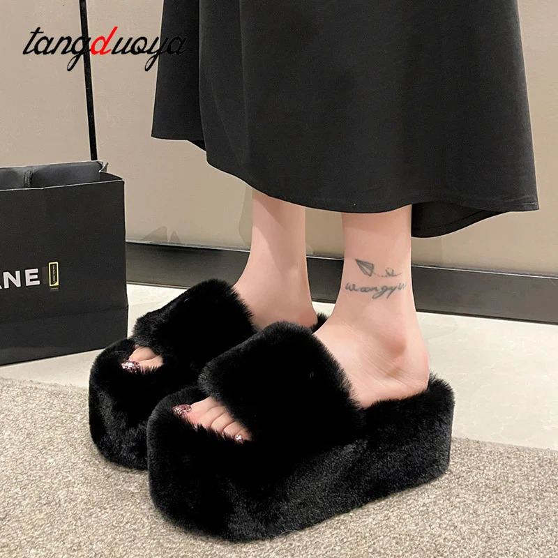 Short and chubby platform fur slider womens autumn thick soled fur outdoor slider womens short plush er shoes 241018