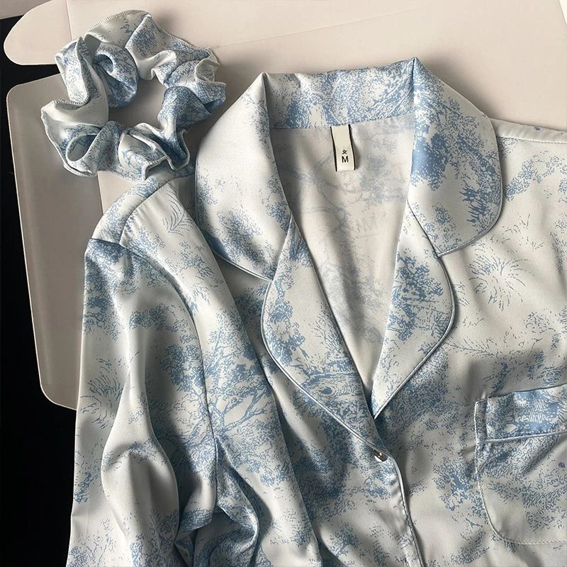Autumn and winter silk womens home clothing lapel button cardigan 2-piece set womens high-end printed womens pajamas 241009