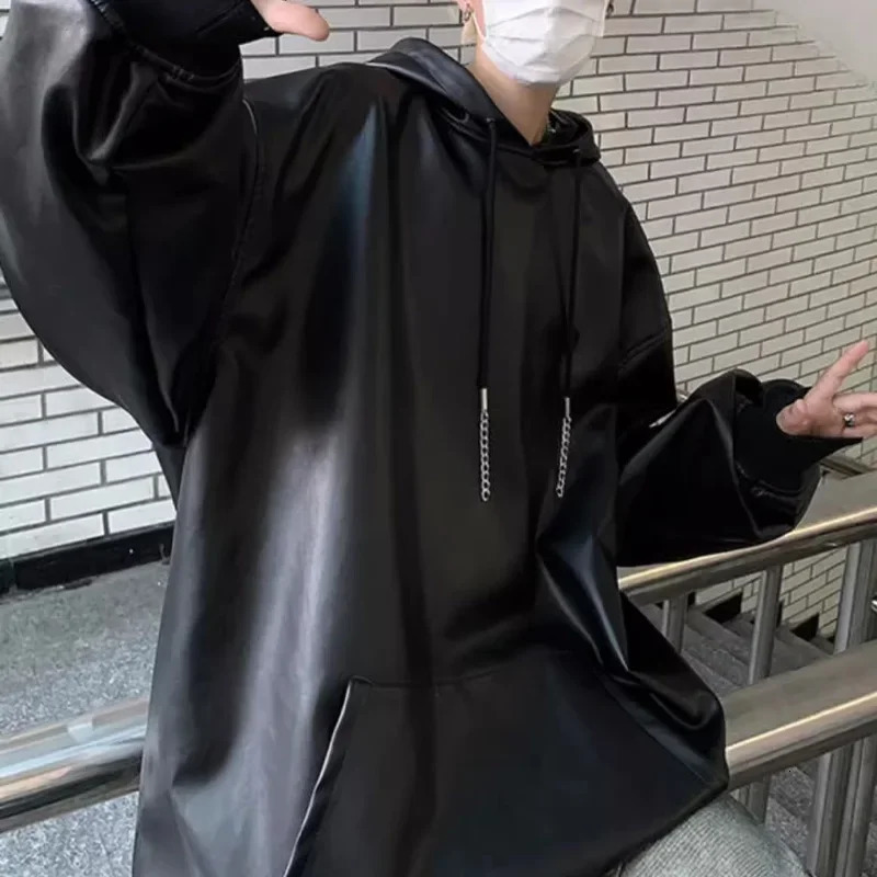 Black Pu Leather Hoodie for Men Spring and Fall Hooded High Street Loose Casual Tshirt Hip Hop Fashion 241019