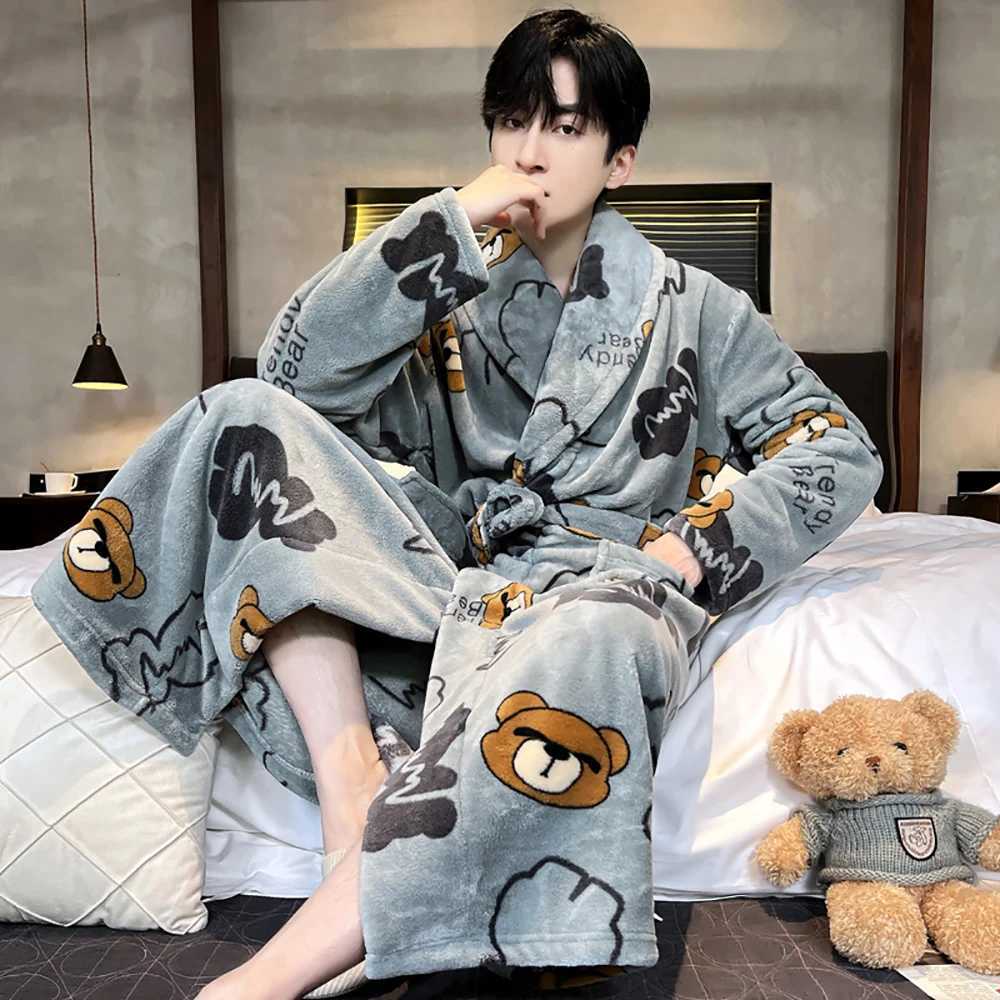 Casual Cartoon Dinosaur Mens Bathrobe For 82.5kg Winter Thicken Plush Double Warm Shower Robe Comfortable Soft V Neck SleepwearXJ241018