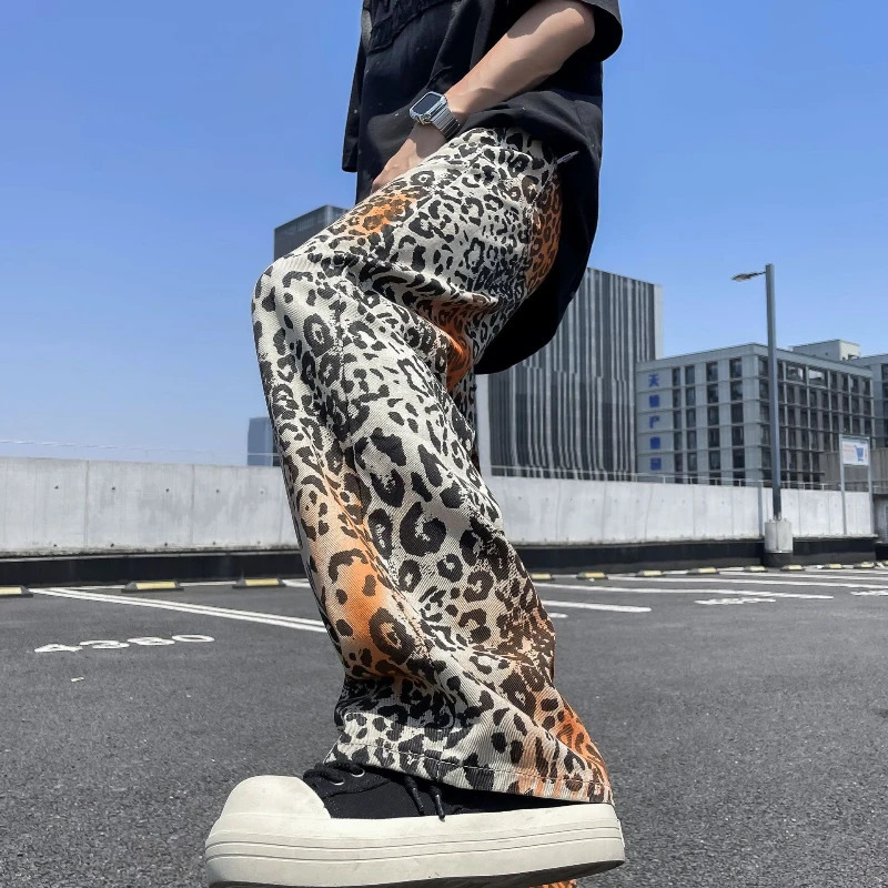 OIMG Y2K Fashion Tie Dye Leopard Bag Jeans Mens Straight Gothic Pants Pantalones Hombre 241019