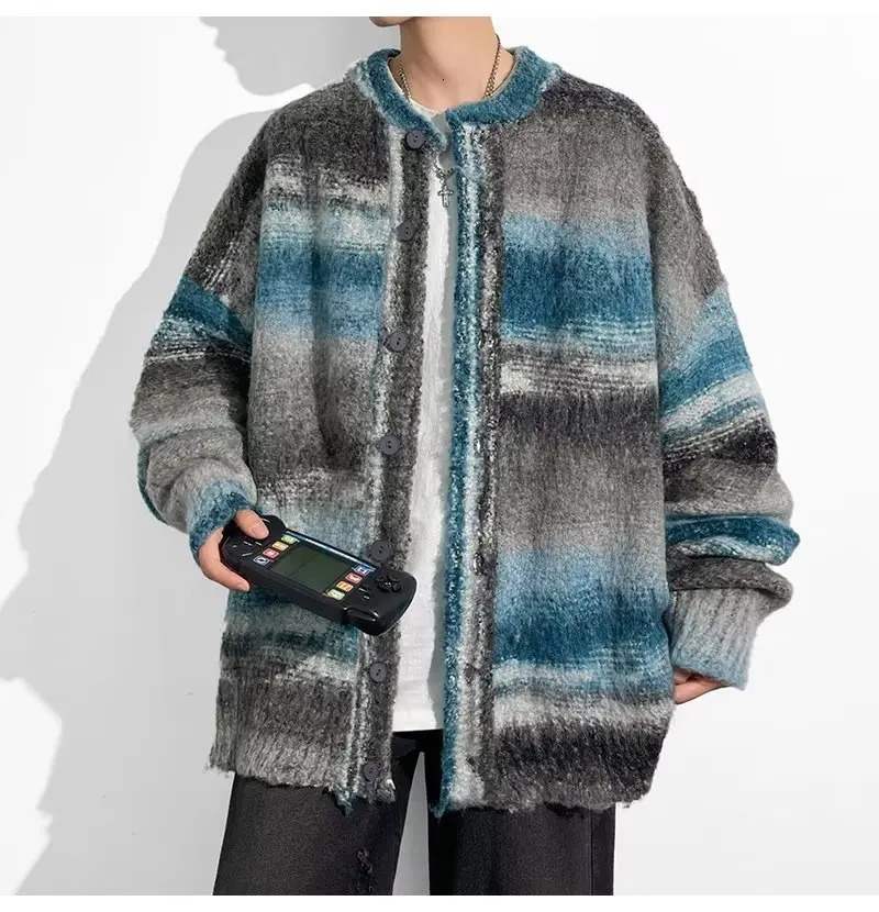 2024 Men Striped Sweater Casual Elastic Cardigan Harajuku Patchwork Knitted Warm Top Fashion Male Jumper Clothes 241009