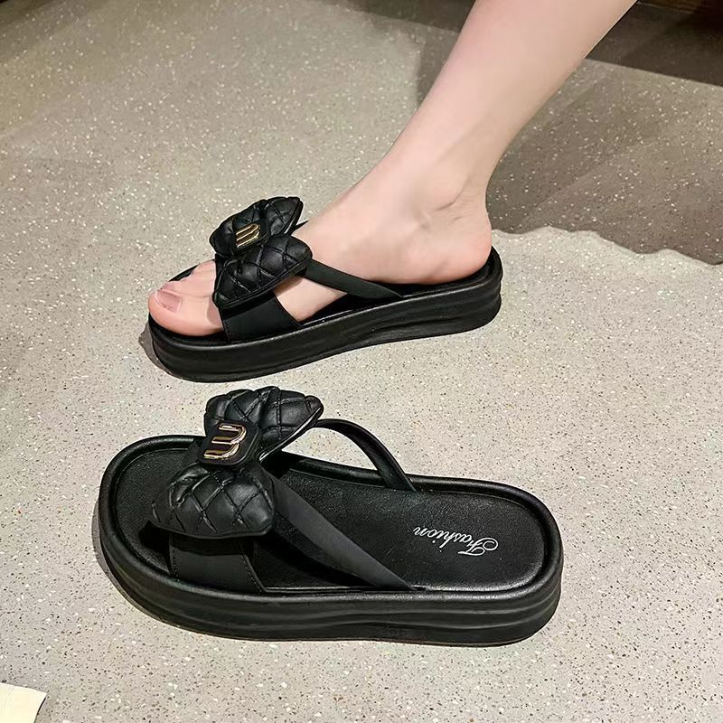 Women's summer new designer open toe thick bottom outdoor flip butterfly bow beach white casual slippers