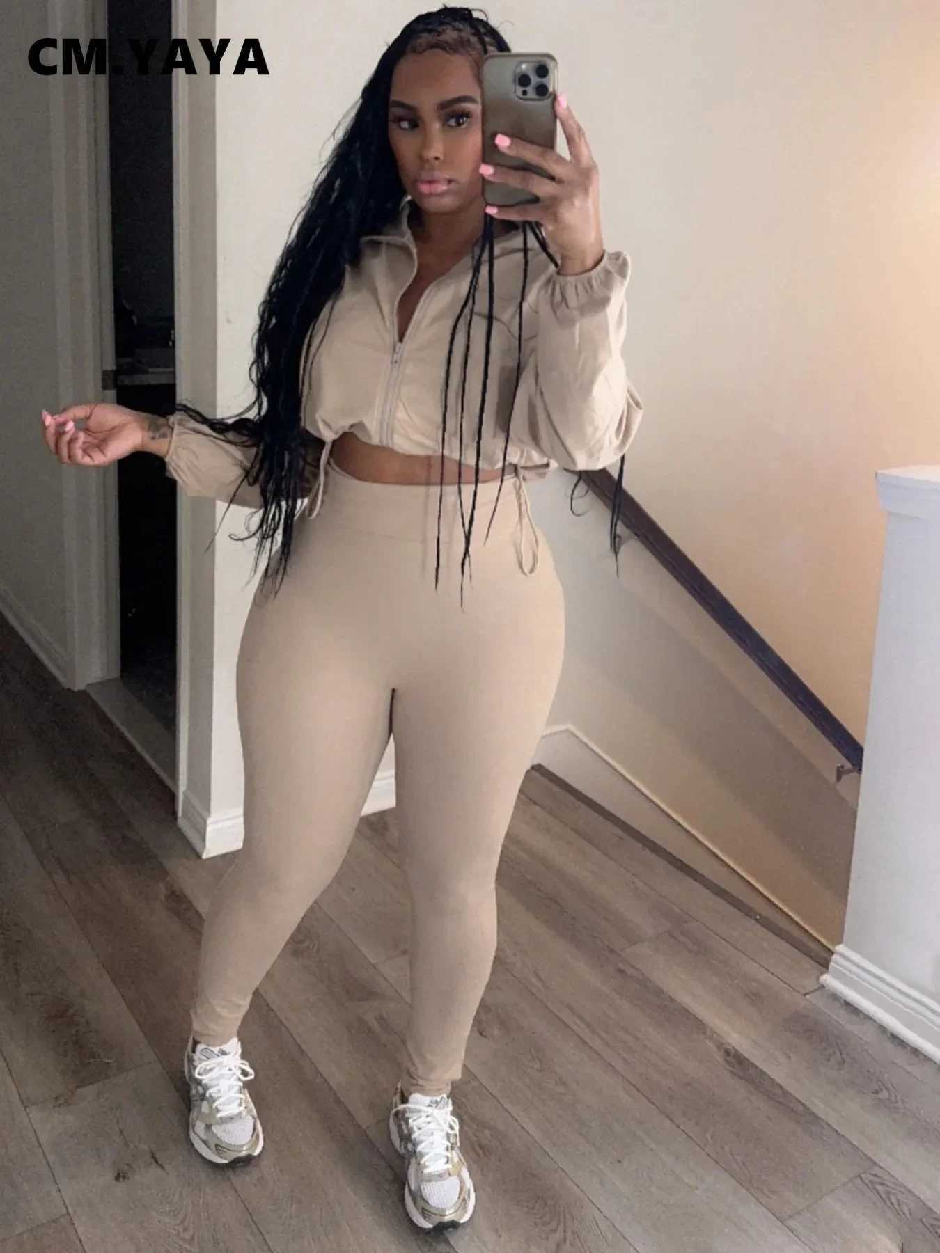 Women's Two Piece Pants CM.YAYA Womens Set Active Full Set Sleve Top+Pencil Pants Set Strt Sports Shirt Two Piece Set Track and Field Wear 2024 A