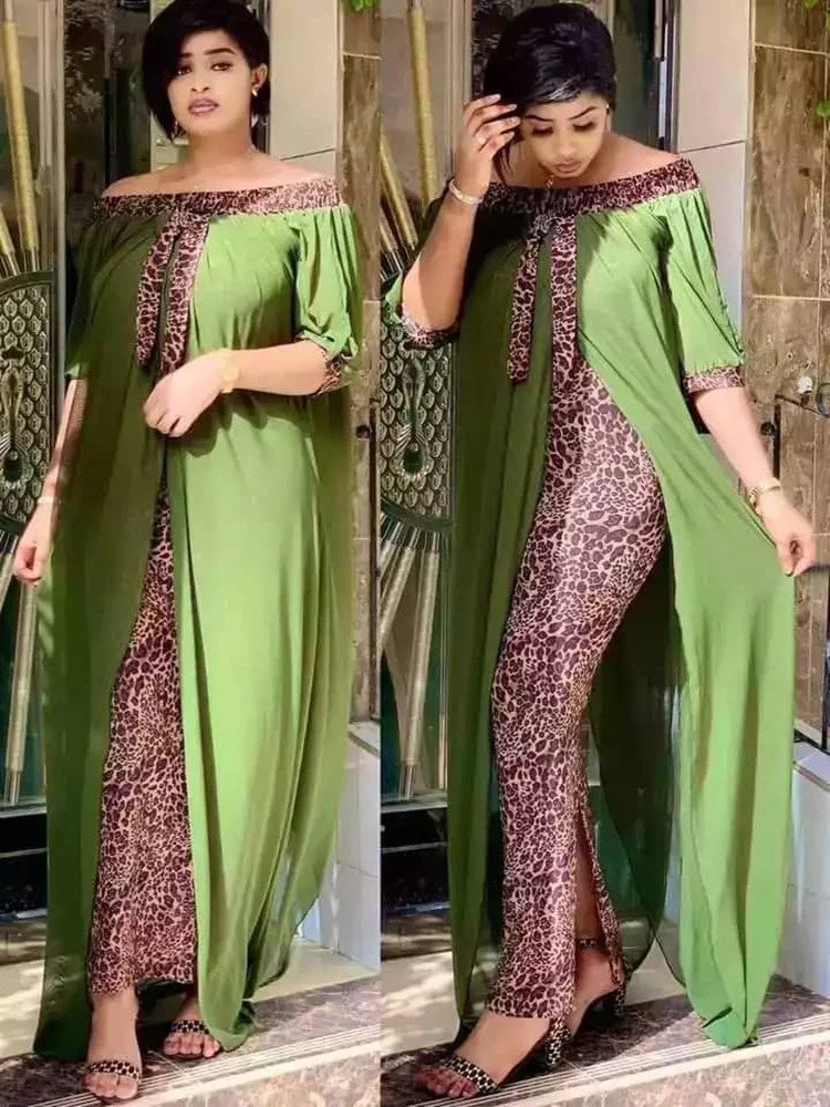 Autumn Sexy Leopard Printed Dashiki African Dresses for Women Party Half Sleeve Slanted Neck Womens Robe 241017