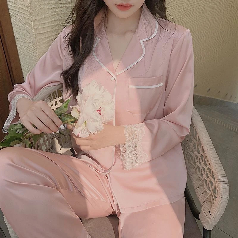 Spring and summer silk soft sleepwear set for women lace lapel cardigan set for women 2-piece set sweet pink womens sleepwear 241009