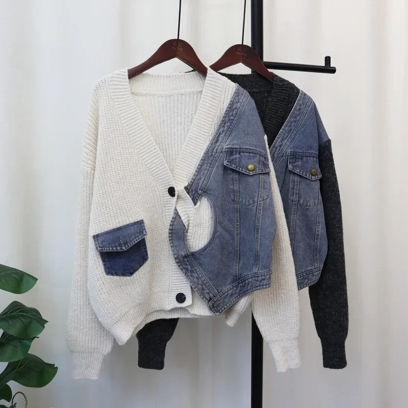 2024 Women Denim Sweater Cardigan Cross Kintted Button Loose Spring Autumn Vintage Winter Streetwear Y2k Jumper Coat Cardigans 241010