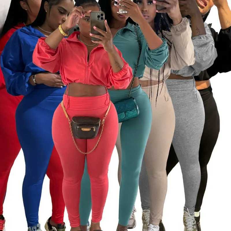 Women's Two Piece Pants 2024 Autumn Womens Trend Solid 2-piece Track Suit Zipper Long Sleeve Drag Jacket Crop Top+Leg Pants Jogging Set Y241019NQ