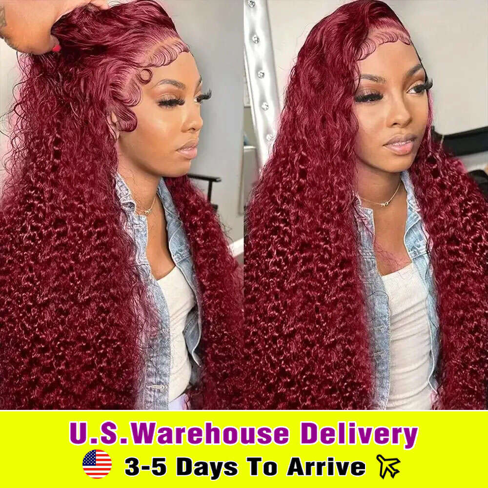Deep J Burgundy Wave Lace Front Wig Human Hair Red x HD Frontal Pre Plucked Colored Curly Wigs on Sale al s