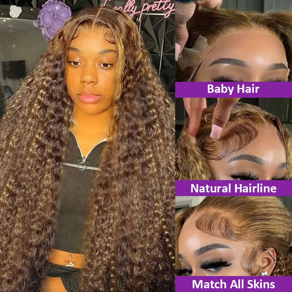 30 32 Inch Highlight Honey Brown Curly Front Human Hair Wigs 13x6 13x4 Ombre Colored Deep Wave Lace Frontal Wig