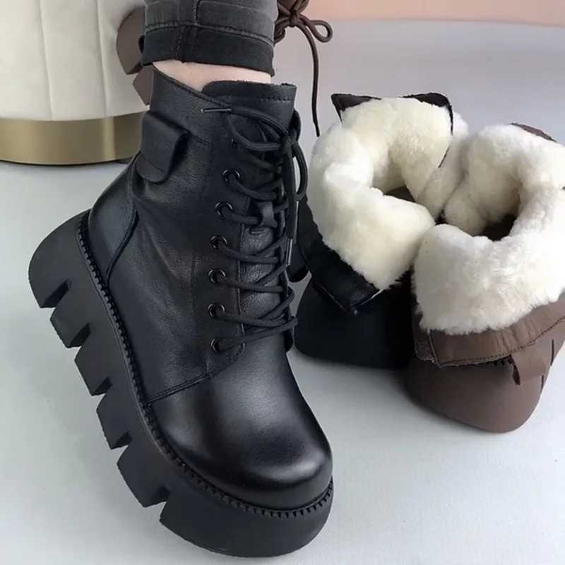 Womens Snow Boots 2024 Winter New Platform Cotton Shoes Retro Black/Brown Round Lace Zipper Modern Motorcycle Boots Y241019
