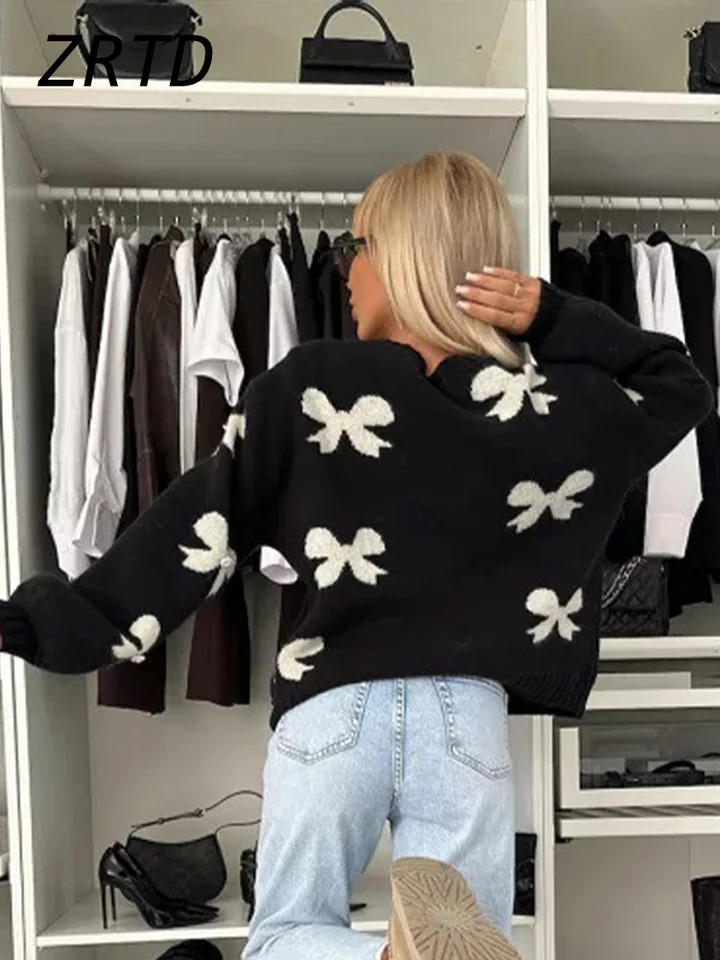 Casual Knitted Printed Lace Cardigan Womens Loose Hollow O-Neck Long Sleeve Sweater Autumn Womens Full Knitted Set 241019