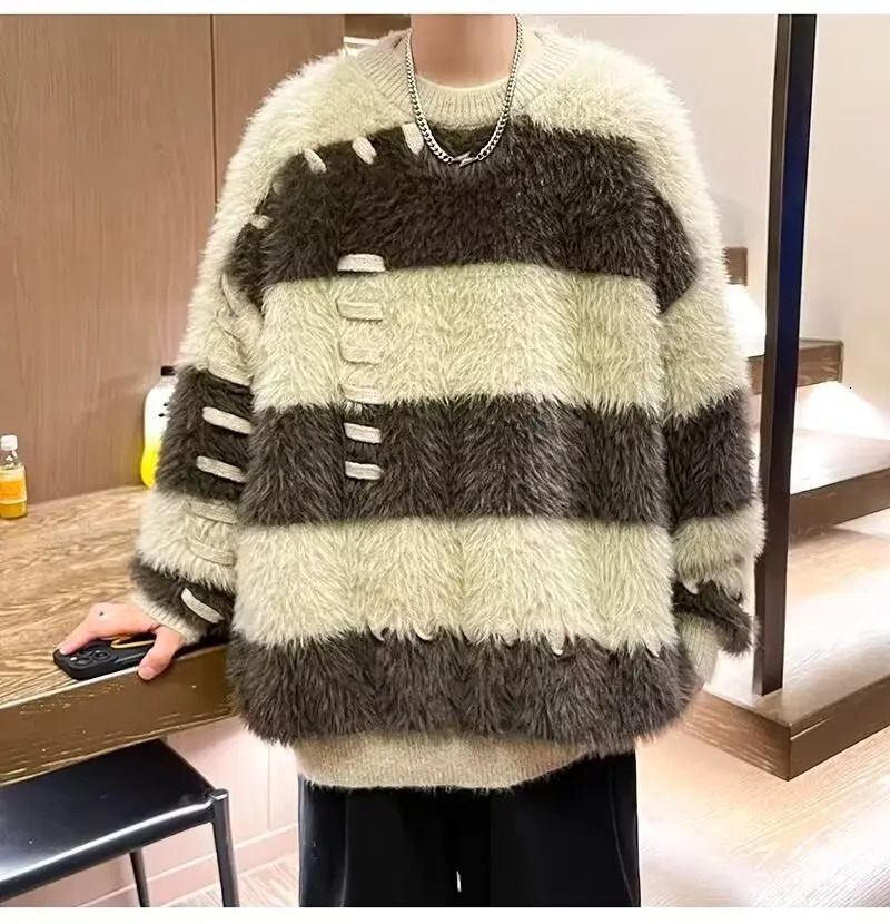 Mens Sweater Striped Contrasting Sweater Mink Fur Japanese Vintage Style Knitted Top Loose Lazy Style Furry Pullover Knitted 241007