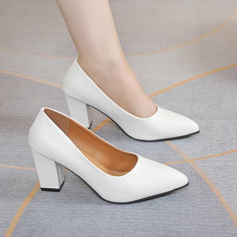 7.5cm Plus size 35-40 basic pump toe high-heeled boat shoes womens dress shoes light white wedding shoes black Y241019