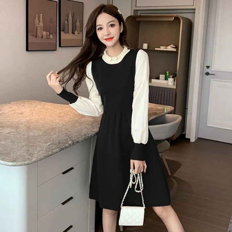 Women Autumn Winter Korean Fashion Patchwork O-neck Long Sleeve Knitted Dress Women Clothes Elegant All-match Warm A-line Skirt 241010