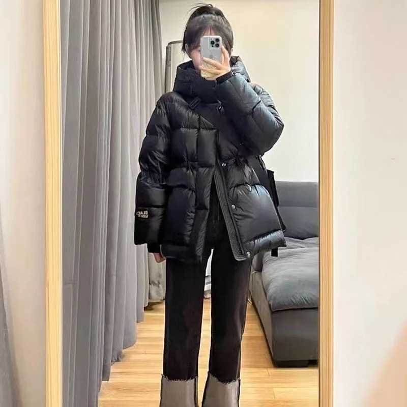 Women's Down Parkas Korean black gold 90% white duck down jacket new womens winter thick warm jacket loose casual womens hooded parkour jacket Y2