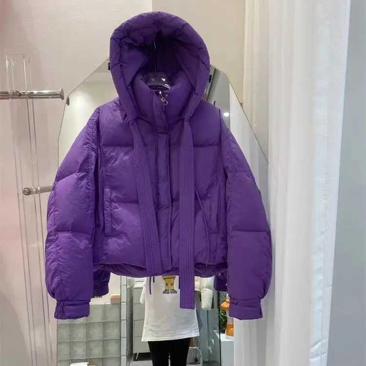 Women's Down Parkas 2024 New Ribbon Down Jacket Womens Ultra Short Hooded Thick Loose Jacket Womens Winter Jacket Y241019OGLO