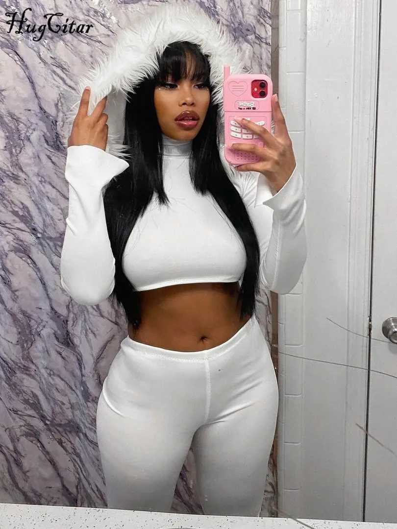 Women's Two Piece Pants Hugcitar Womens Elegant 2-piece Fur Hooded White Long Sleve Sexy Crop Top Pants 2023 Winter T-shirt Sports Fitness Clothi