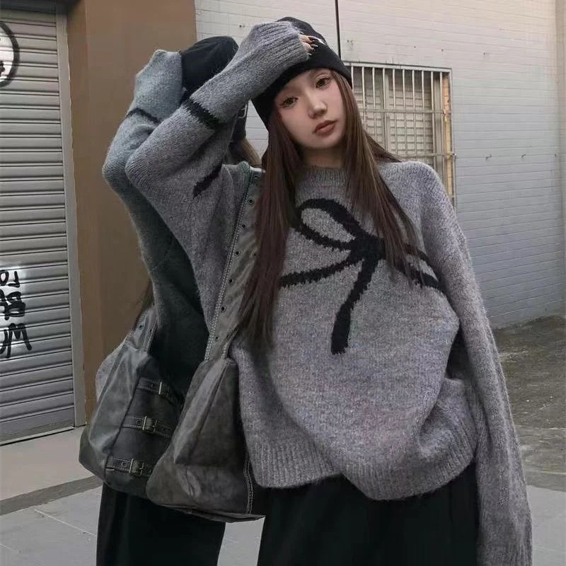 Deeptown Elegant Bow Sweaters Women Vintage Y2k Knitted Pullovers Autumn Winter Loose Long Sleeve Aesthetics Streetwear Jumpers 241010