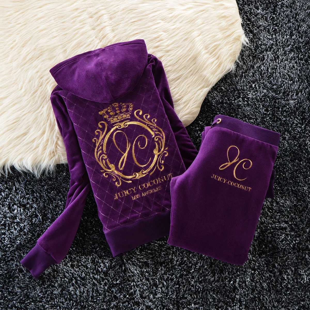 Women's Two Piece Pants Juicy comedy autumn and winter thick velvet womens set warm winter womens 2-piece hooded sweatshirt+thick Trouser Y241019