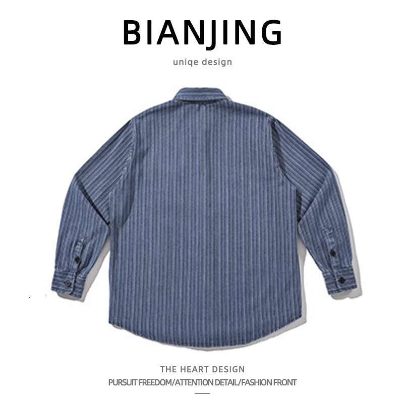 shanshi Men's shirts American badge embroidered striped denim long sleeve men casual cool trendy workwear shirt for men